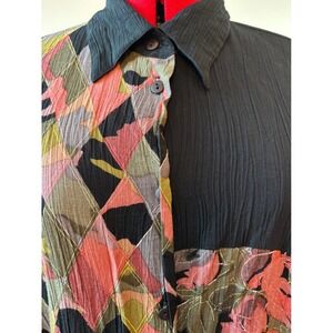 MISTER LEONARD button up blouse women size L black floral harlequin art to wear